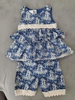 Austin & Ashley Boutique Toile Print Ruffle Top & Bloomer Shorts Set 24M